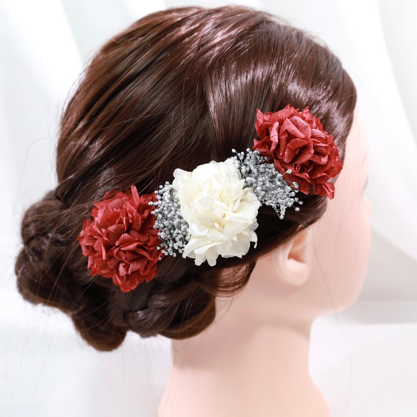 髪飾り シルバーレッド【ヘアアクセサリー 花 ドライフラワー プリザーブド】 【結婚式 ヘアアクセサリー】