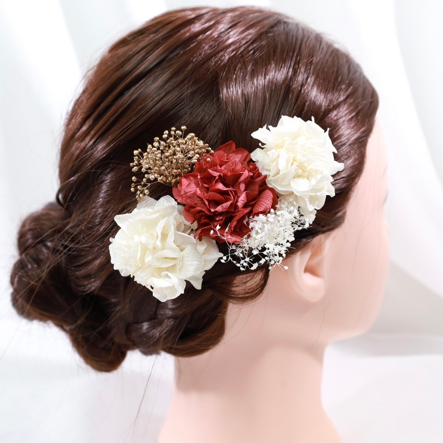 髪飾り ホワイトレッド【ヘアアクセサリー　花　ドライフラワー　プリザーブド】 【結婚式　ヘアアクセサリー】