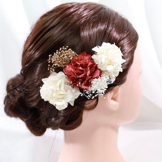 髪飾り ホワイトレッド【ヘアアクセサリー 花 ドライフラワー プリザーブド】 【結婚式 ヘアアクセサリー】