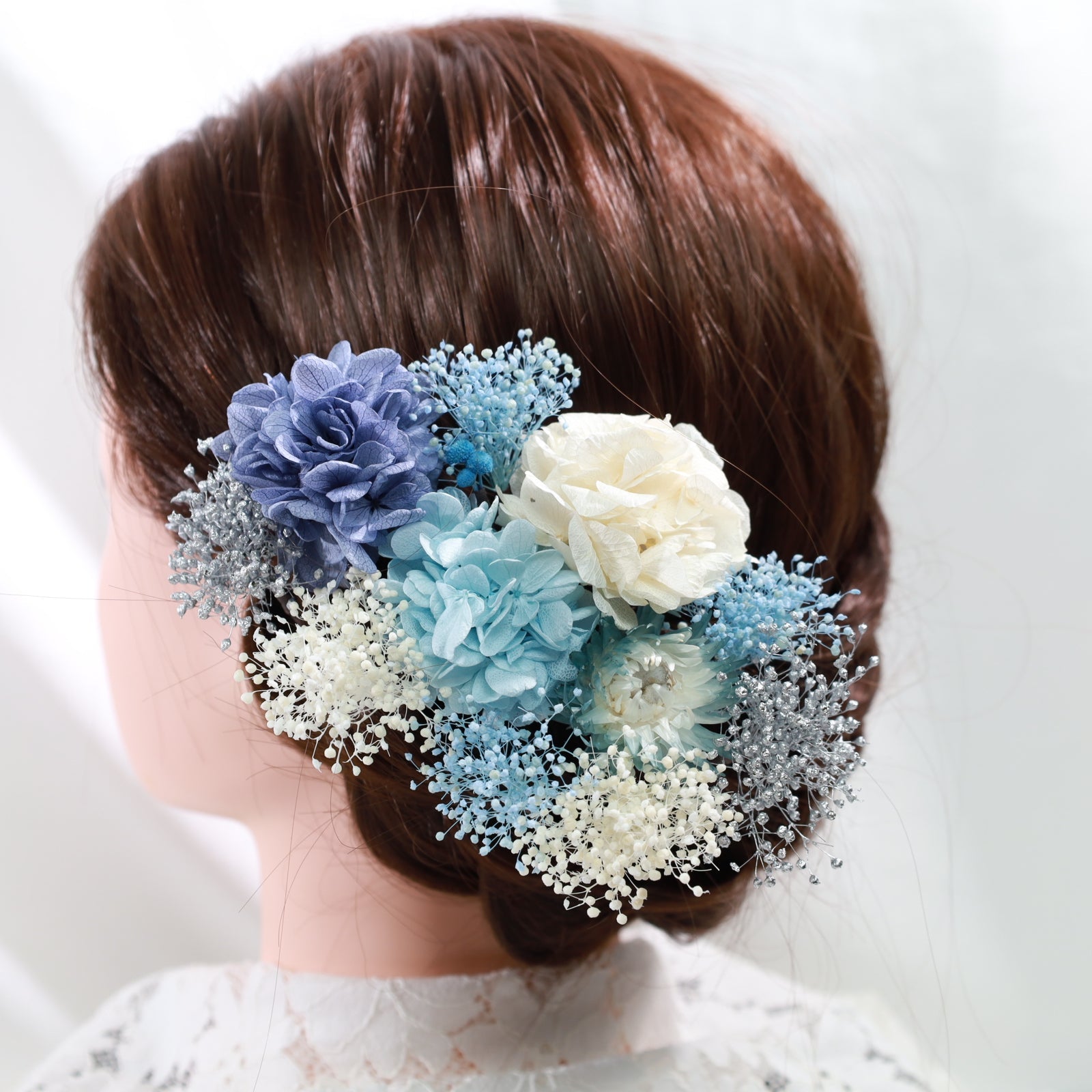 新品   25cm ブルーフラワーカーブ ペア 髪飾り ブルーアジュール【ヘアアクセサリー 花 ドライフラワー