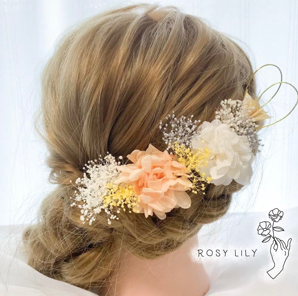 髪飾り イエローオレンジ【ヘアアクセサリー 花 ドライフラワー プリザーブド】 【結婚式 ヘアアクセサリー】