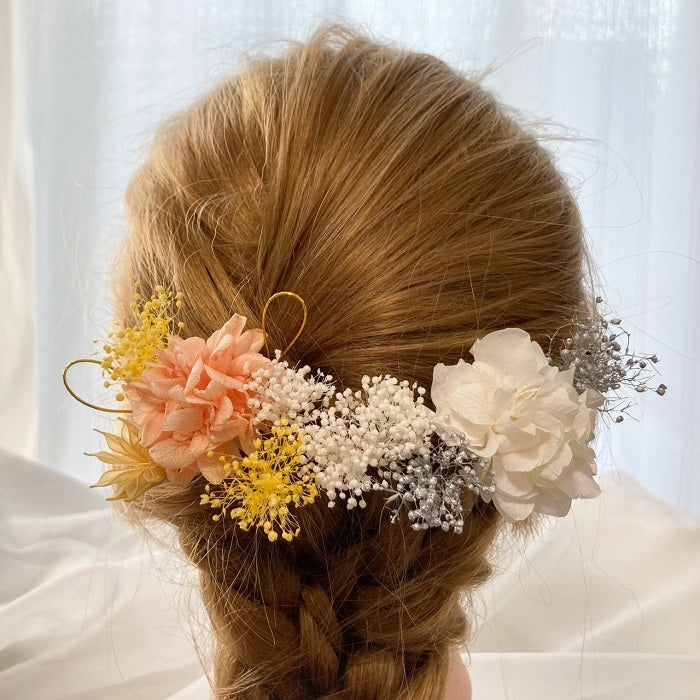 髪飾り イエローオレンジ【ヘアアクセサリー　花　ドライフラワー　プリザーブド】 【結婚式　ヘアアクセサリー】