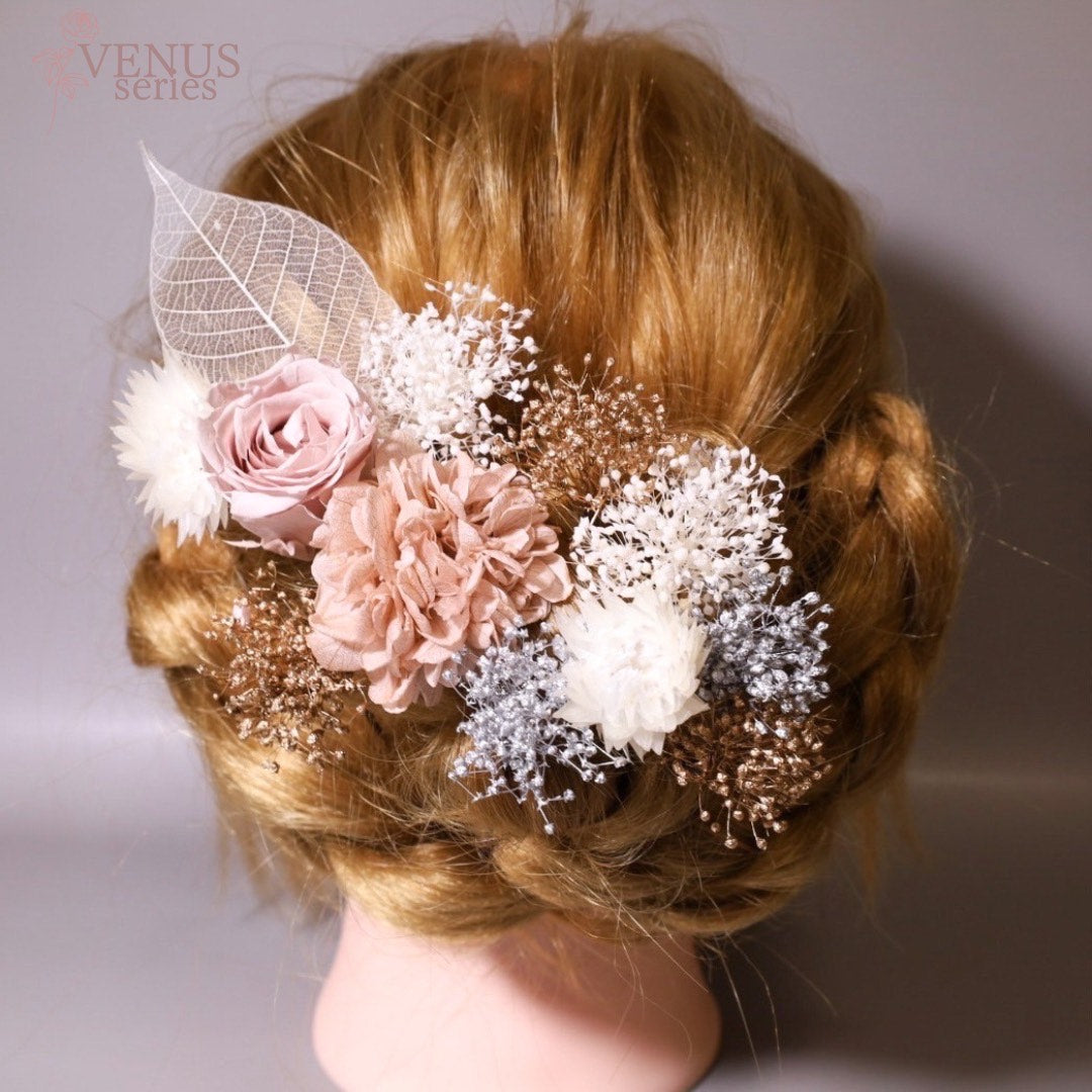 髪飾り VピンクⅡ 【ヘアアクセサリー バラ 花 ドライフラワー プリザーブド 】 【結婚式 ヘアアクセサリー】
