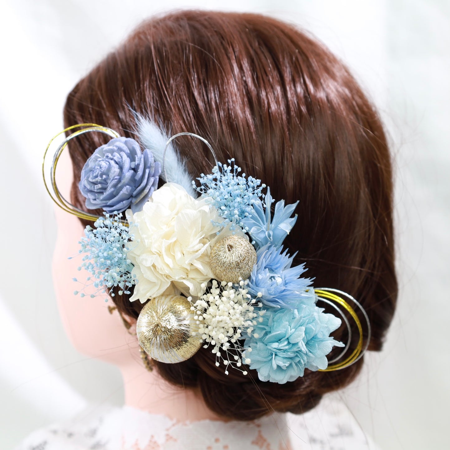 髪飾り アクア【ヘアアクセサリー　花　ドライフラワー　プリザーブド　水引】 【結婚式　ヘアアクセサリー】