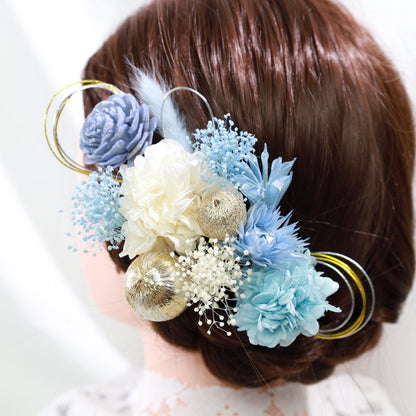 髪飾り アクア【ヘアアクセサリー 花 ドライフラワー プリザーブド 水引】 【結婚式 ヘアアクセサリー】