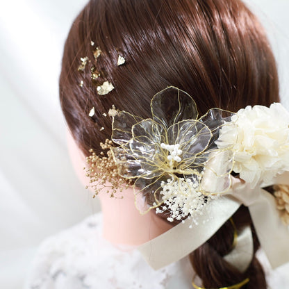 ヘッドドレス A4【アメリカンフラワー 髪飾り ヘアアクセサリー 花 ヘッドドレス ドライフラワー プリザーブドフラワー リボン 和玉髪飾り】 【結婚式 和装ヘアアクセサリー】