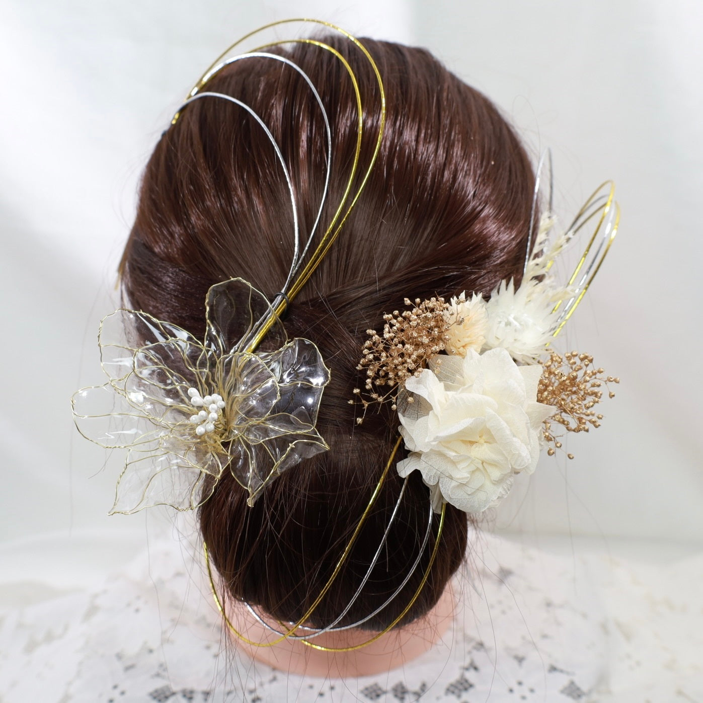 ヘッドドレス A7【アメリカンフラワー 髪飾り ヘアアクセサリー 花 ヘッドドレス ドライフラワー プリザーブドフラワー 水引 和玉髪飾り】 【結婚式 和装ヘアアクセサリー】