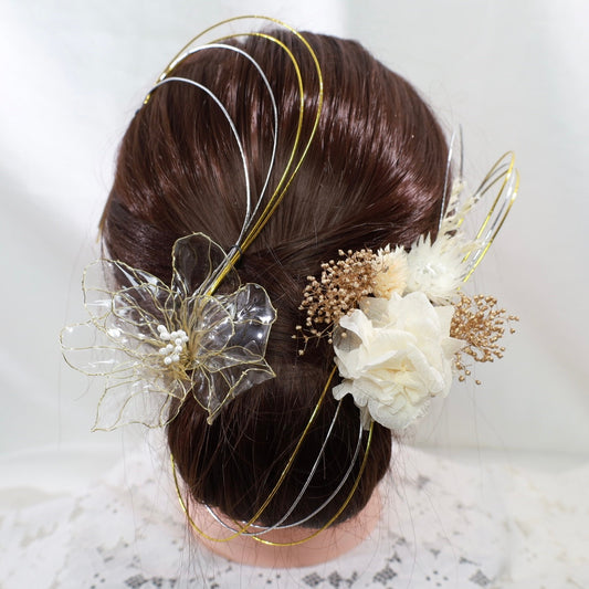 ヘッドドレス A7【アメリカンフラワー 髪飾り ヘアアクセサリー 花 ヘッドドレス ドライフラワー プリザーブドフラワー 水引 和玉髪飾り】 【結婚式 和装ヘアアクセサリー】