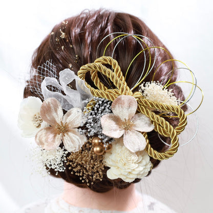 髪飾り オーロ【ヘアアクセサリー 花 ドライフラワー プリザーブド 水引 金箔】 【結婚式 和装 アクセサリー】