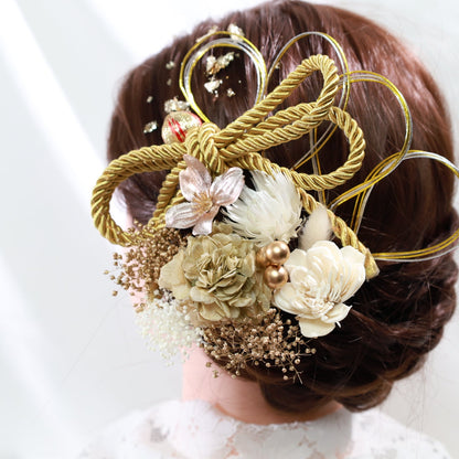 髪飾り リエン【ヘアアクセサリー 花 ドライフラワー プリザーブド 水引 金箔】 【結婚式 和装 アクセサリー】