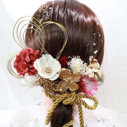 髪飾り スカー【ヘアアクセサリー 花 ドライフラワー プリザーブド 水引 金箔】 【結婚式 和装 アクセサリー】