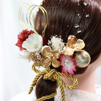 髪飾り スカー【ヘアアクセサリー　花　ドライフラワー　プリザーブド　水引　金箔】 【結婚式　和装　アクセサリー】