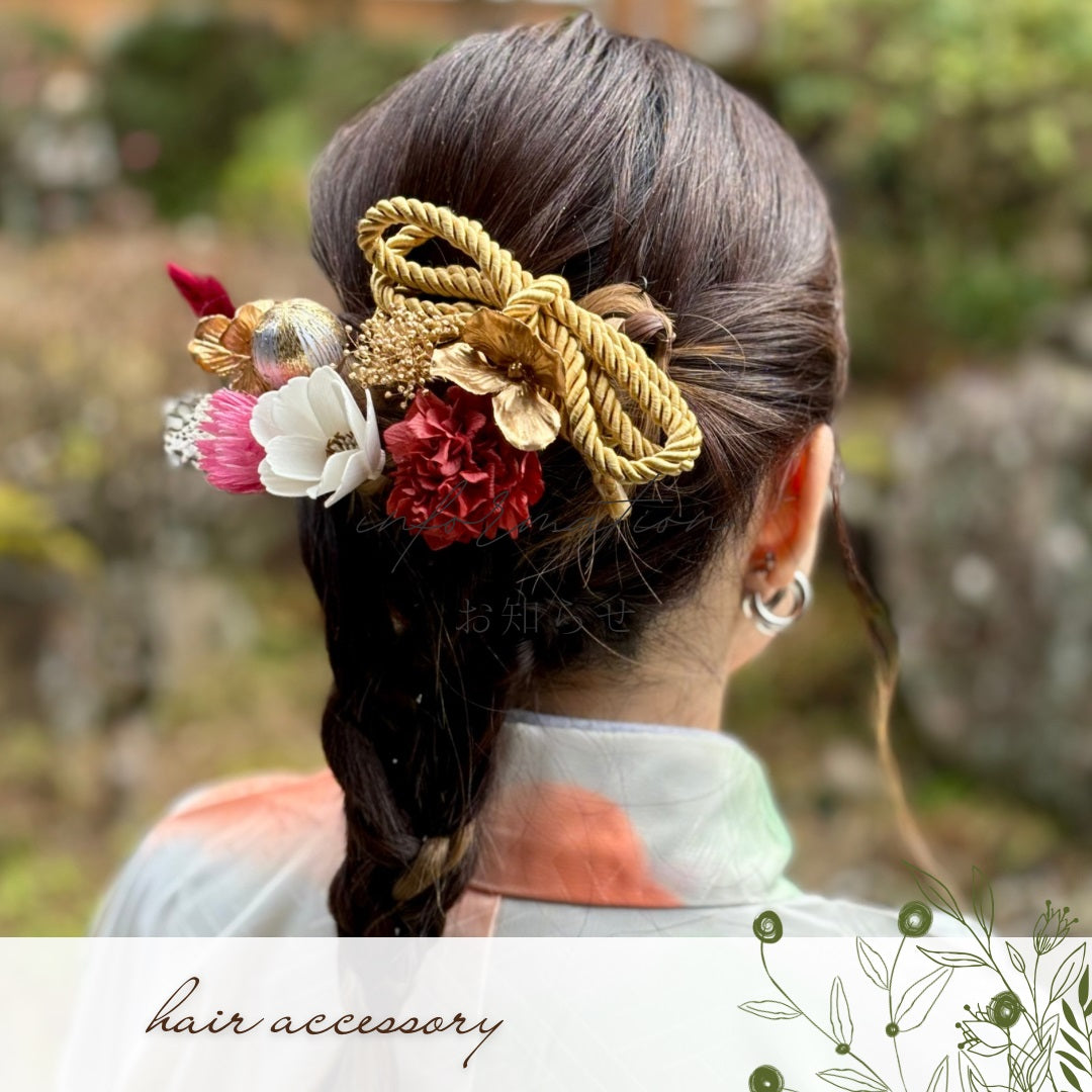 髪飾り スカー【ヘアアクセサリー　花　ドライフラワー　プリザーブド　水引　金箔】 【結婚式　和装　アクセサリー】