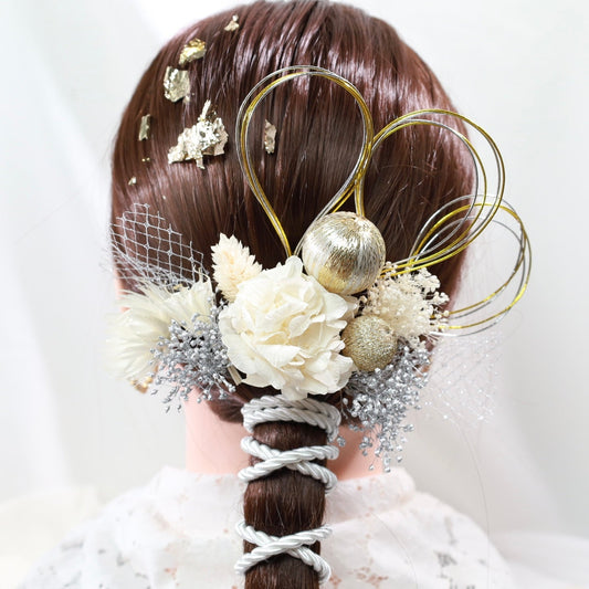 髪飾り リヒ【ヘアアクセサリー 花 ドライフラワー プリザーブド 水引 金箔】 【結婚式 和装 アクセサリー】