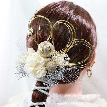 髪飾り リヒ【ヘアアクセサリー 花 ドライフラワー プリザーブド 水引 金箔】 【結婚式 和装 アクセサリー】