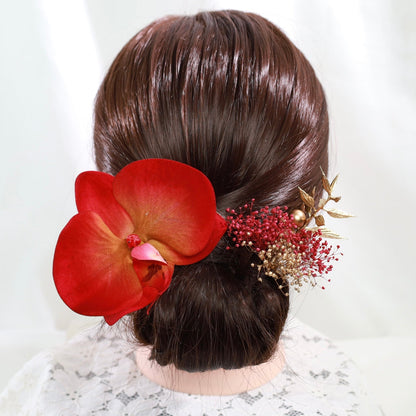 髪飾り 胡蝶蘭RD【ヘアアクセサリー 花 ドライフラワー プリザーブド 水引】 【結婚式 ヘアアクセサリー 胡蝶蘭】