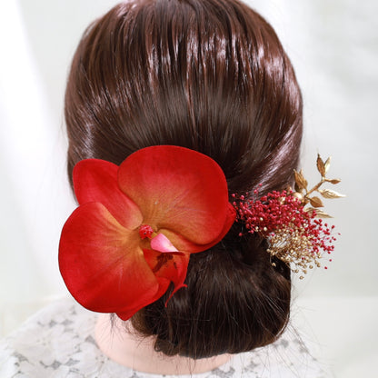 髪飾り 胡蝶蘭RD【ヘアアクセサリー　花　ドライフラワー　プリザーブド　水引】 【結婚式　ヘアアクセサリー　胡蝶蘭】