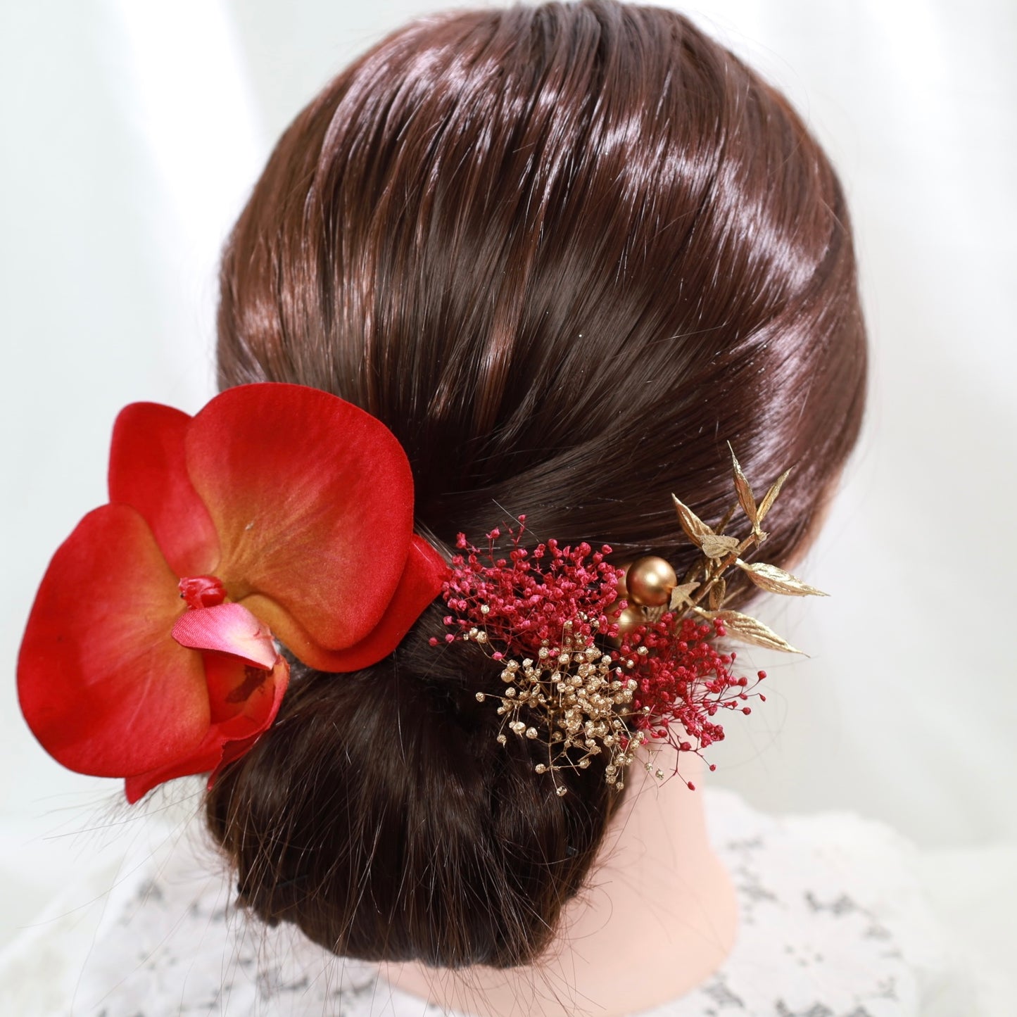 髪飾り 胡蝶蘭RD【ヘアアクセサリー　花　ドライフラワー　プリザーブド　水引】 【結婚式　ヘアアクセサリー　胡蝶蘭】