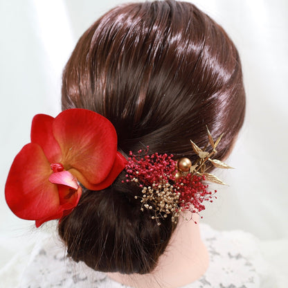 髪飾り 胡蝶蘭RD【ヘアアクセサリー 花 ドライフラワー プリザーブド 水引】 【結婚式 ヘアアクセサリー 胡蝶蘭】