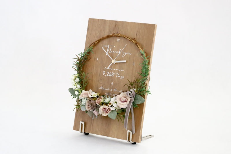 両親贈呈品 木製パネルとリースの花時計/ナチュラル・バーチ 【結婚式 ギフト 両親プレゼント 時計】