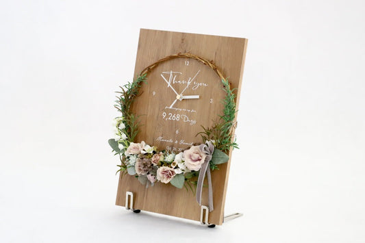 両親贈呈品 木製パネルとリースの花時計/ナチュラル・バーチ 【結婚式 ギフト 両親プレゼント 時計】