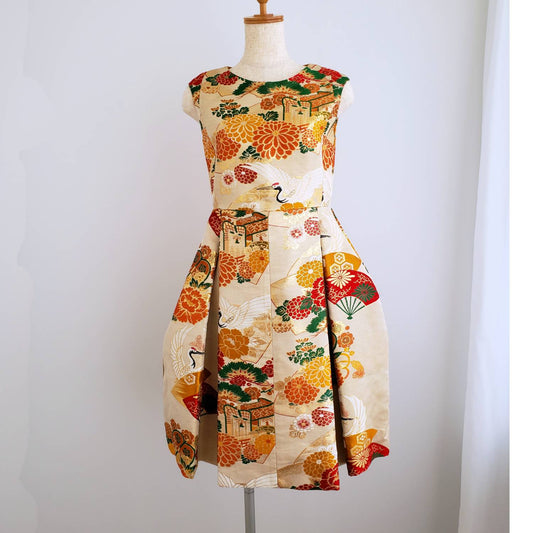 着物帯ワンピース鶴紋花喰鳥文K-01 【結婚式 フォーマルドレス レンタル】