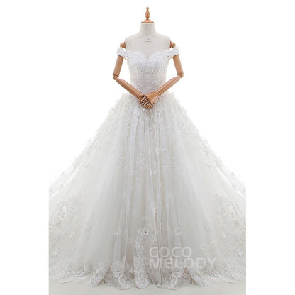 LD4349 ロングトレーン オフショルダー 豪華 ウェディングドレス 【ウェディングドレス オーダーメイド】