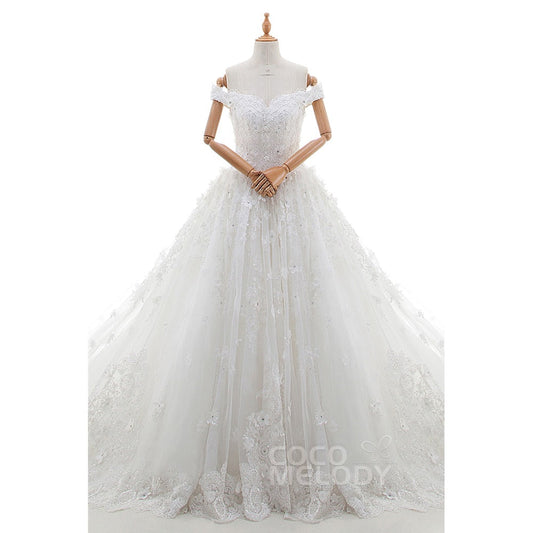 LD4349 ロングトレーン オフショルダー 豪華 ウェディングドレス 【ウェディングドレス オーダーメイド】