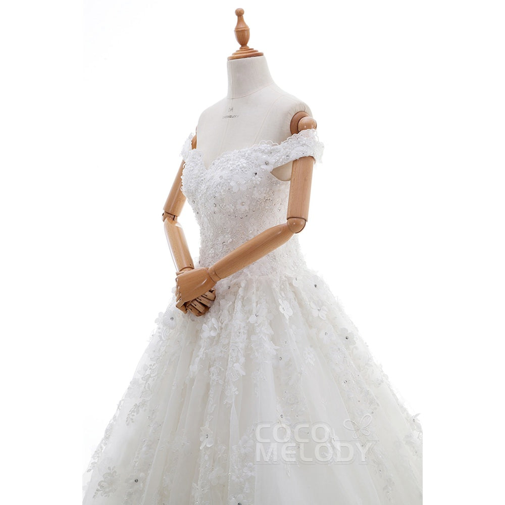 LD4349 ロングトレーン オフショルダー 豪華 ウェディングドレス 【ウェディングドレス オーダーメイド】