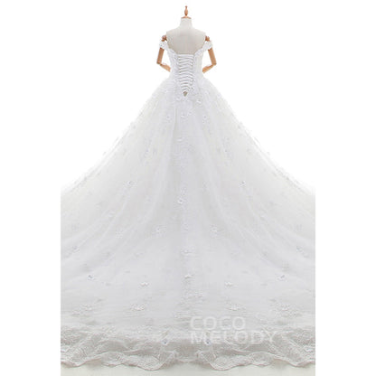 LD4349 ロングトレーン オフショルダー 豪華 ウェディングドレス 【ウェディングドレス オーダーメイド】