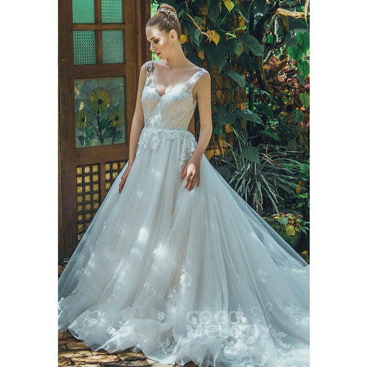 LD5714 チュール レース オーガンジー Vネック ウェディングドレス 【ウェディングドレス オーダーメイド】