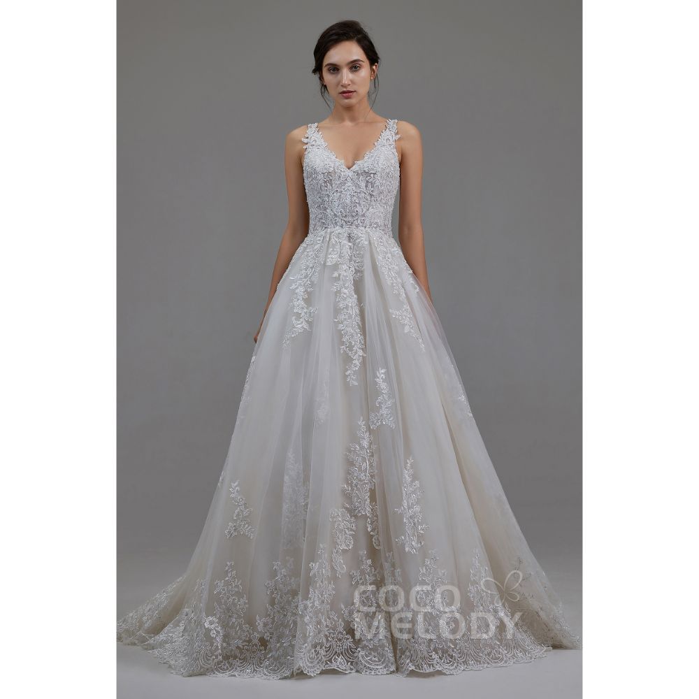 LD5813 レース Aライン Vネック ウェディングドレス 【ウェディングドレス オーダーメイド】