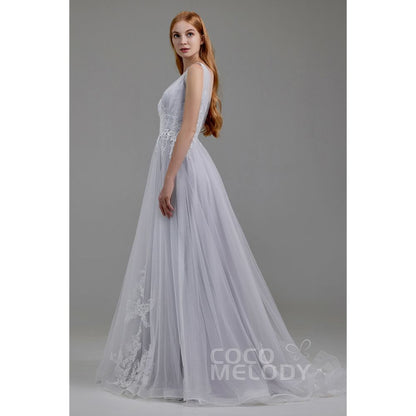 LD5845 ソフトチュール Vネック スレンダーライン ウェディングドレス 【ウェディングドレス オーダーメイド】