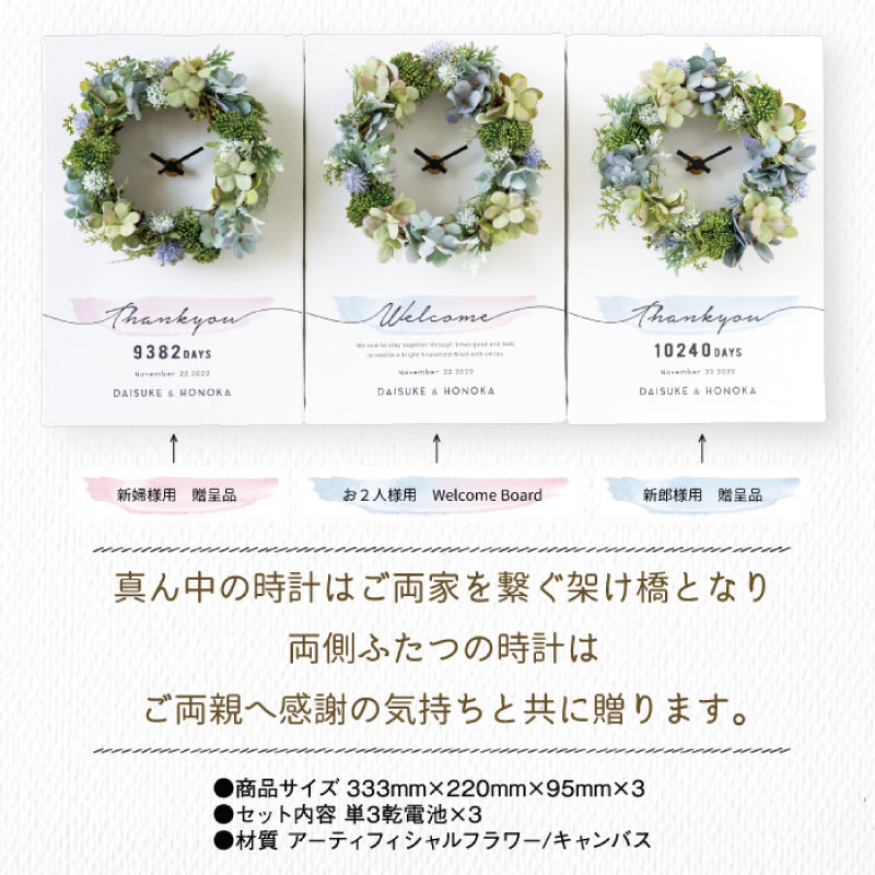 3つの時計bloomグリーン【結婚式 ギフト 両親プレゼント 時計】