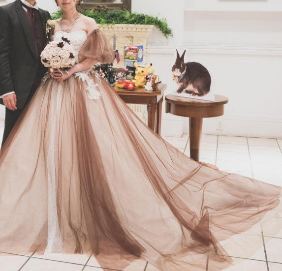 グリッターブラウンチュールのオーバースカートとパフ 【結婚式 カラードレス】