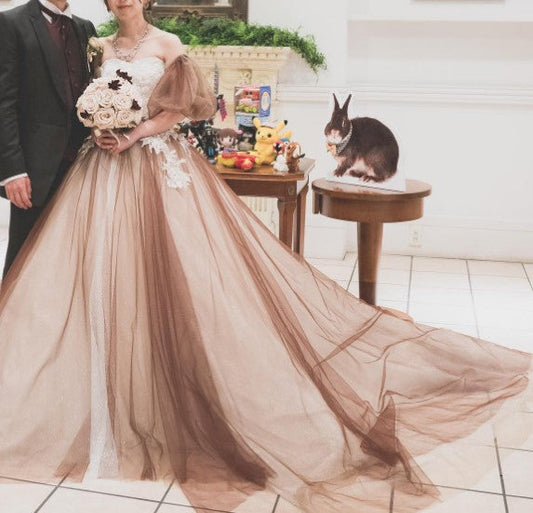 グリッターブラウンチュールのオーバースカートとパフ 【結婚式 カラードレス】