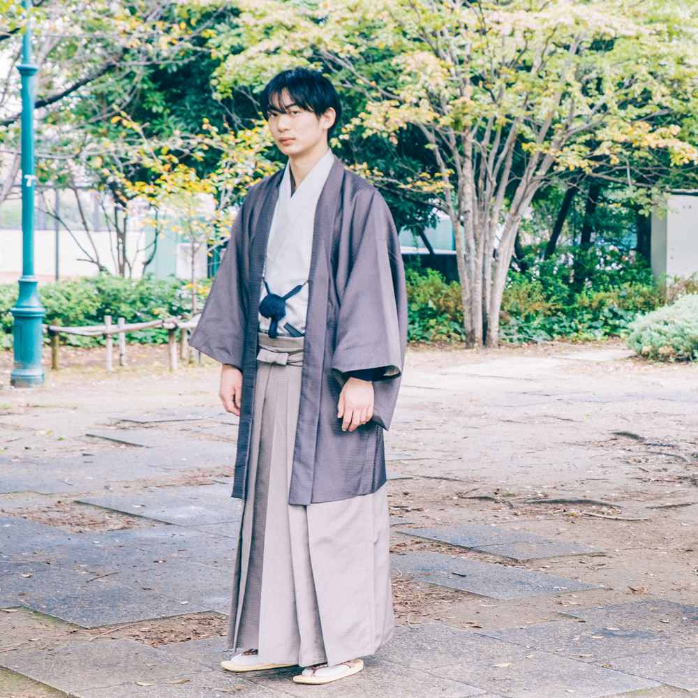 お召し羽織袴/グレー着物×小豆色羽織 【結婚式 和装 紋服 レンタル】