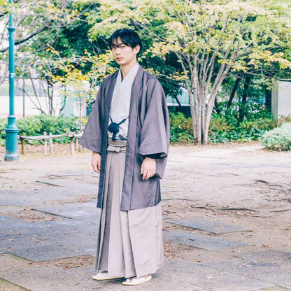 お召し羽織袴/グレー着物×小豆色羽織 【結婚式 和装 紋服 レンタル】