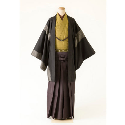 紬地羽織袴/カラシ着物×墨黒絞り羽織 【結婚式 和装 紋服 レンタル】