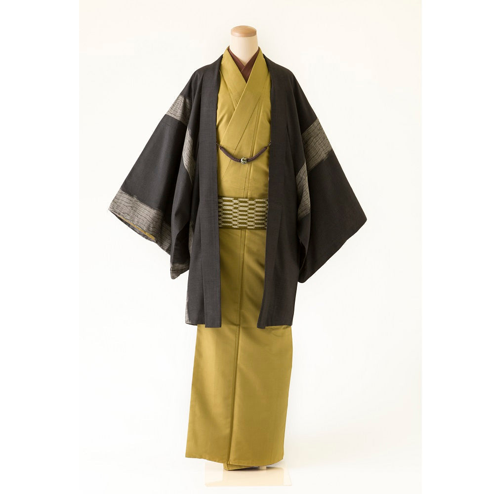 紬地羽織袴/カラシ着物×墨黒絞り羽織 【結婚式 和装 紋服 レンタル】