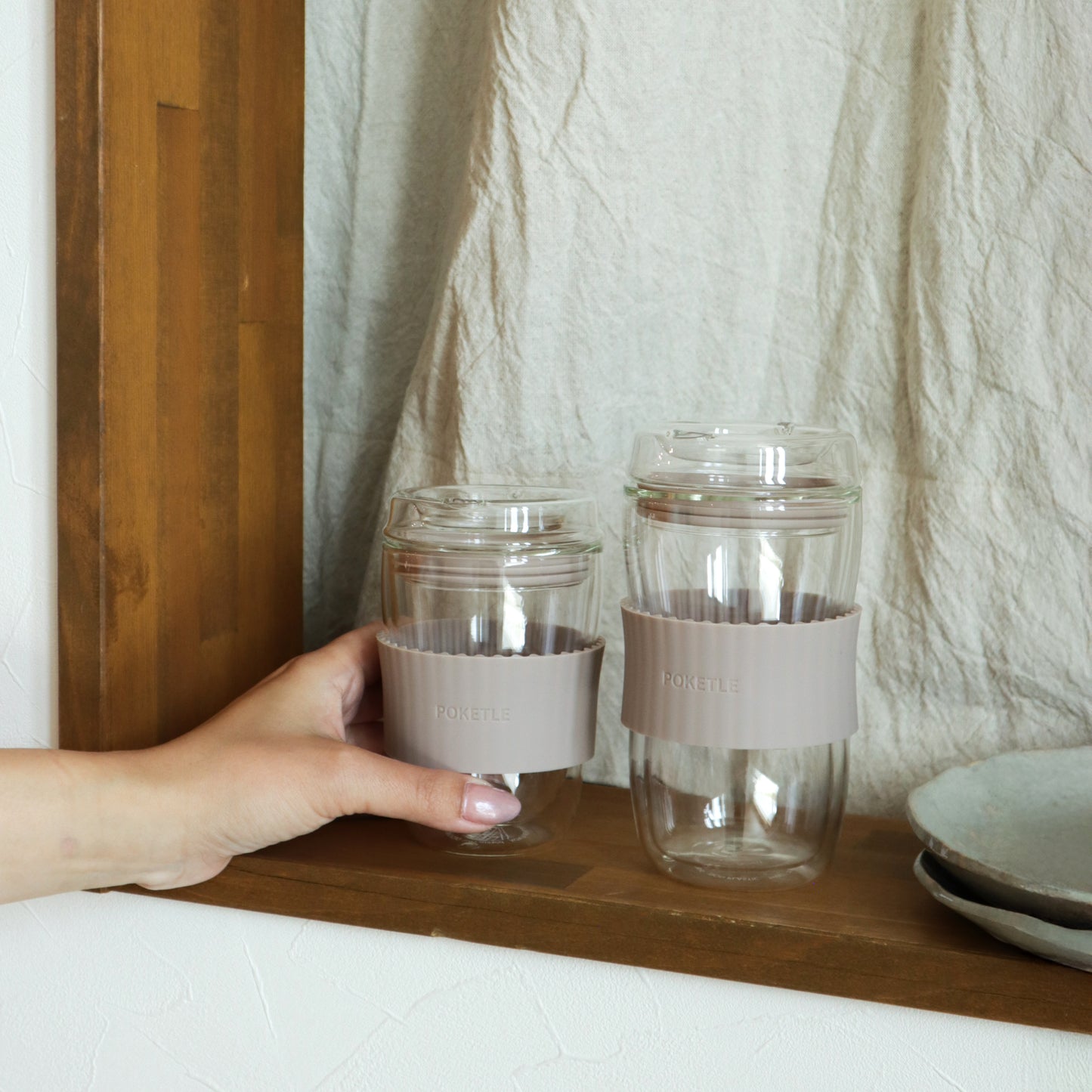ポケトル耐熱二重ガラスタンブラー（ラテベージュ） 蓋付 220mL  【結婚式 ギフト 引き出物 食器類】POKETLE vidro 220