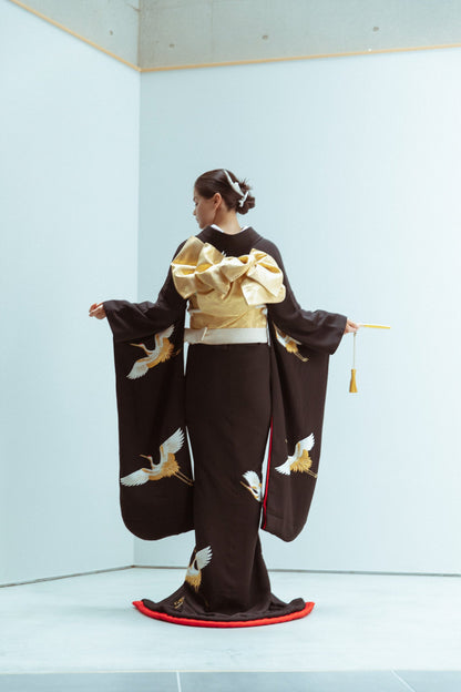 黒地ちりめん鶴【結婚式 和装 引き振袖 レンタル】