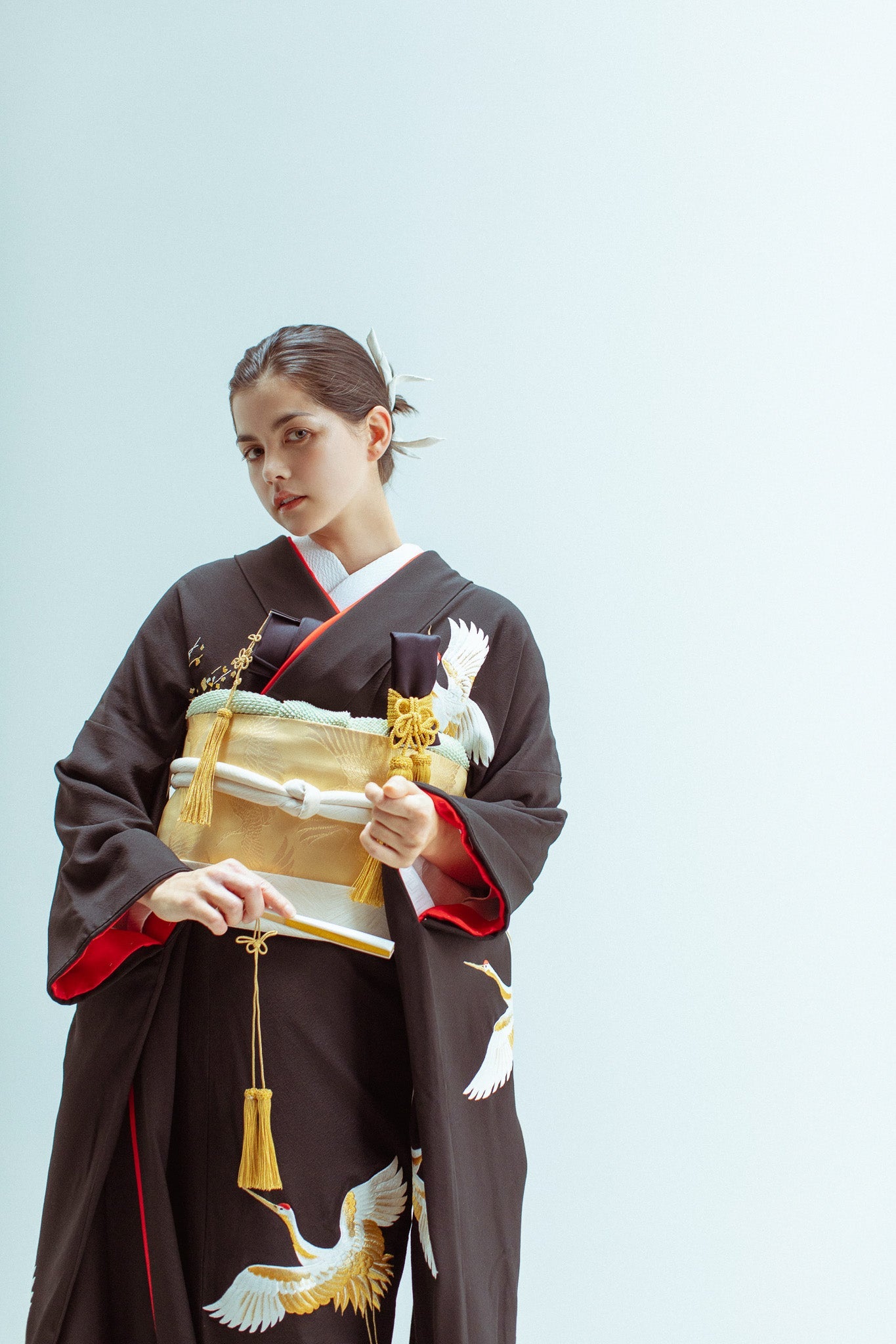 黒地ちりめん鶴【結婚式 和装 引き振袖 レンタル】