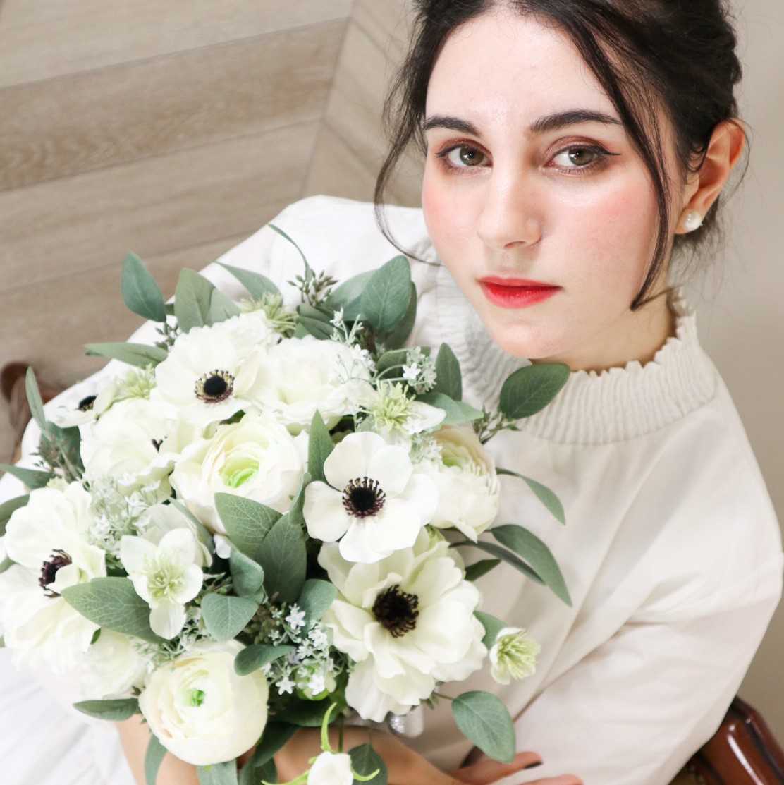 【造花】Rental Bouquet : Anemone White 【結婚式 フラワー 造花 ブーケ ブートニア レンタル】