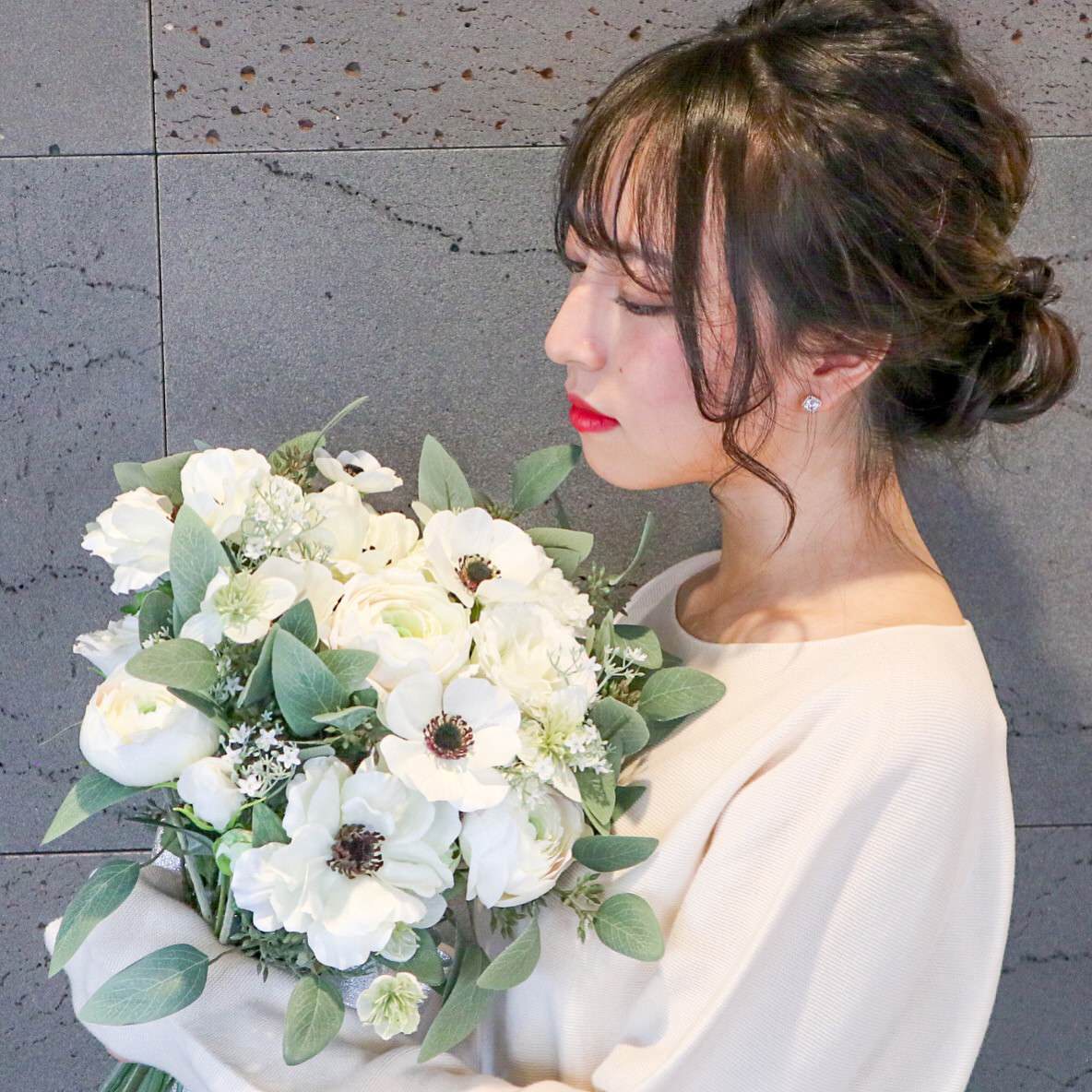 【造花】Rental Bouquet : Anemone White 【結婚式 フラワー 造花 ブーケ ブートニア レンタル】