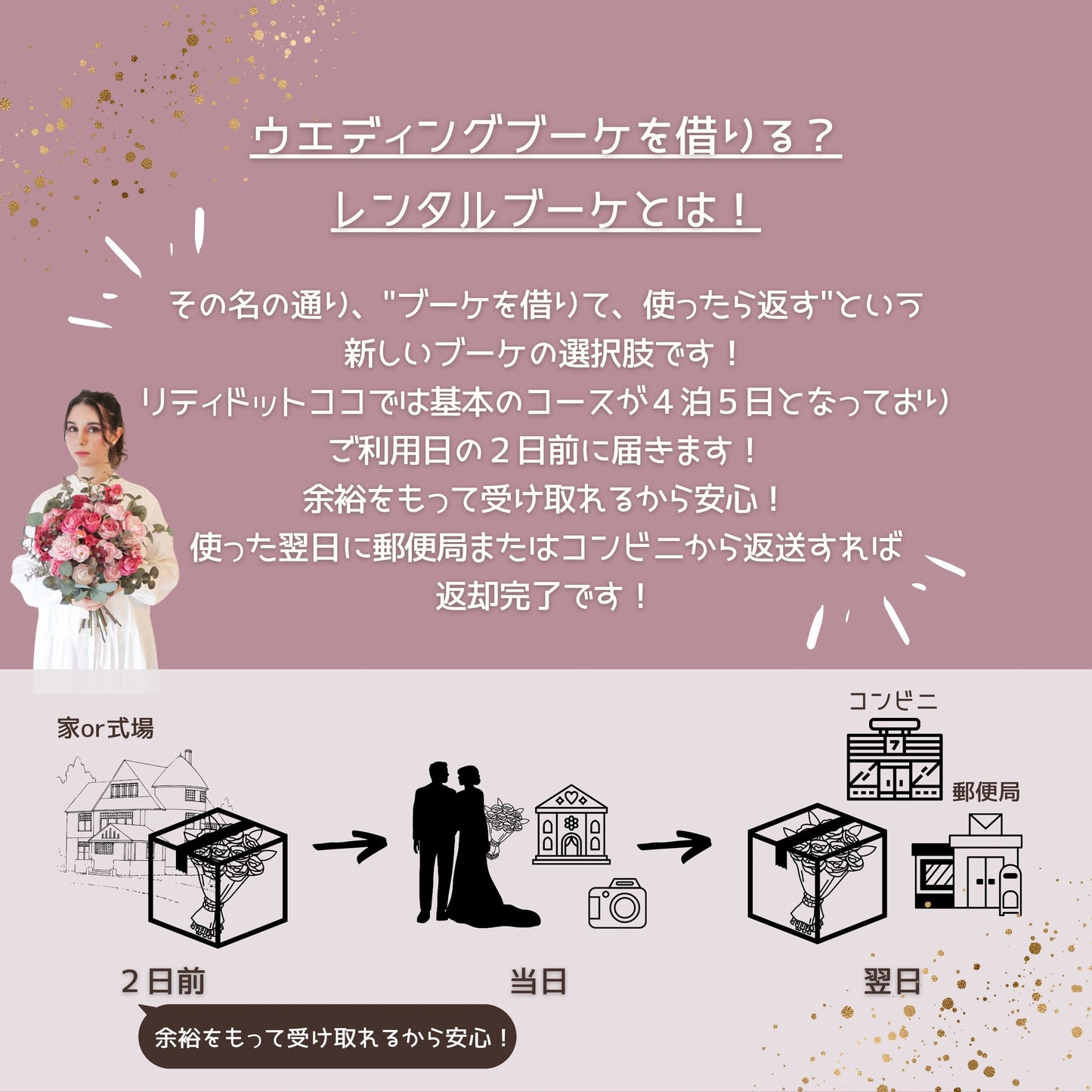【造花】Rental Bouquet :Bordeaux Pink 【結婚式 フラワー 造花 ブーケ ブートニア レンタル】