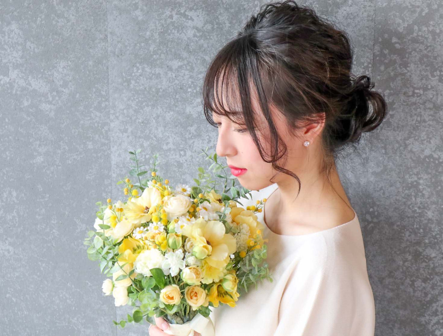 【造花】Rental Bouquet : Cream Yellow　【結婚式　フラワー　造花　ブーケ　ブートニア　レンタル】