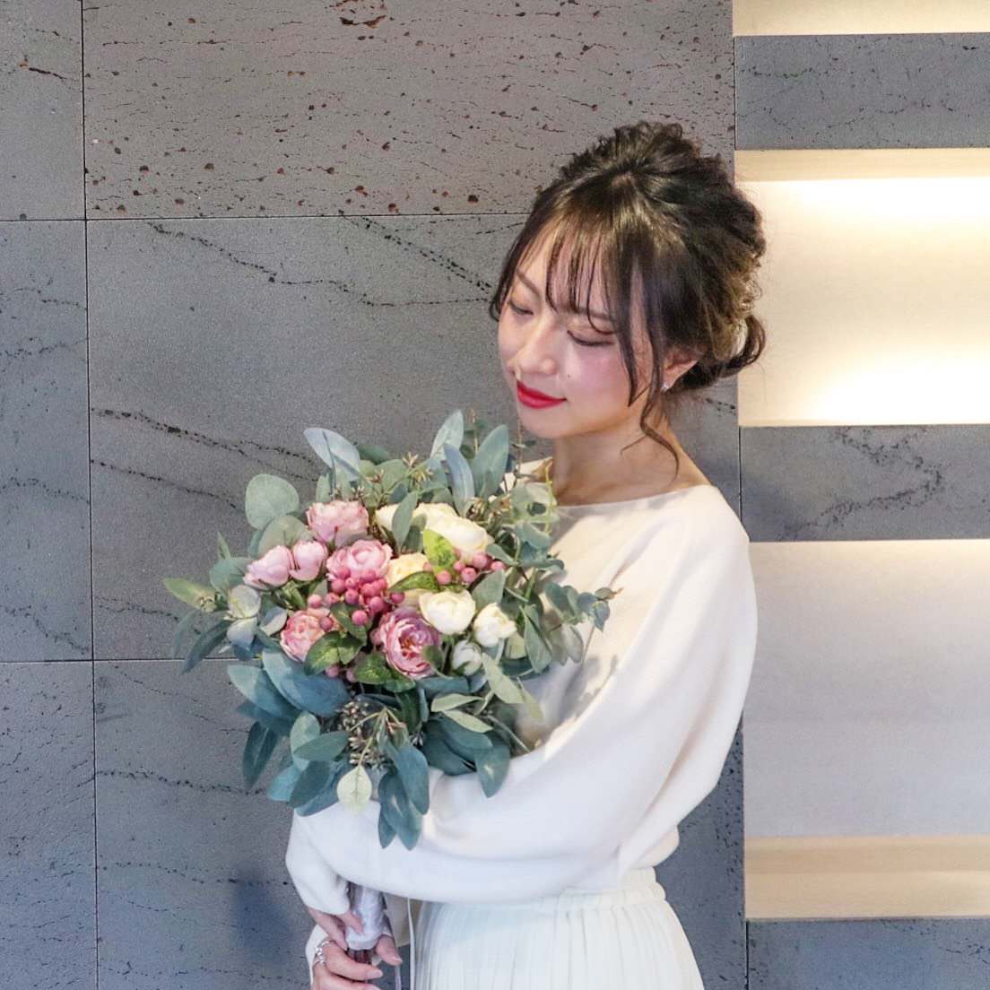 【造花】Rental Bouquet : Eucalyptus Pink 【結婚式 フラワー 造花 ブーケ ブートニア レンタル】
