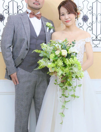 【造花 レンタルブーケ】爽やかカラーブーケ　ホワイト✖︎グリーン　【結婚式　フラワー　造花　ブーケ　ブートニア　レンタル】