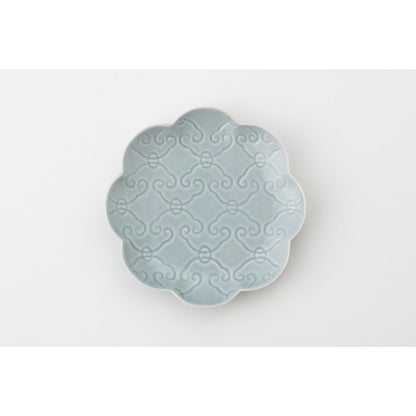 【有田焼 其泉】輪花唐草彫 銘々皿(ブルーグレー)ペア 【結婚式 ギフト 引き出物 食器類】